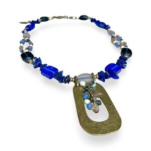 Vintage Coldwater Creek Cobalt Blue Glass Bead Hammered Pendant Necklace